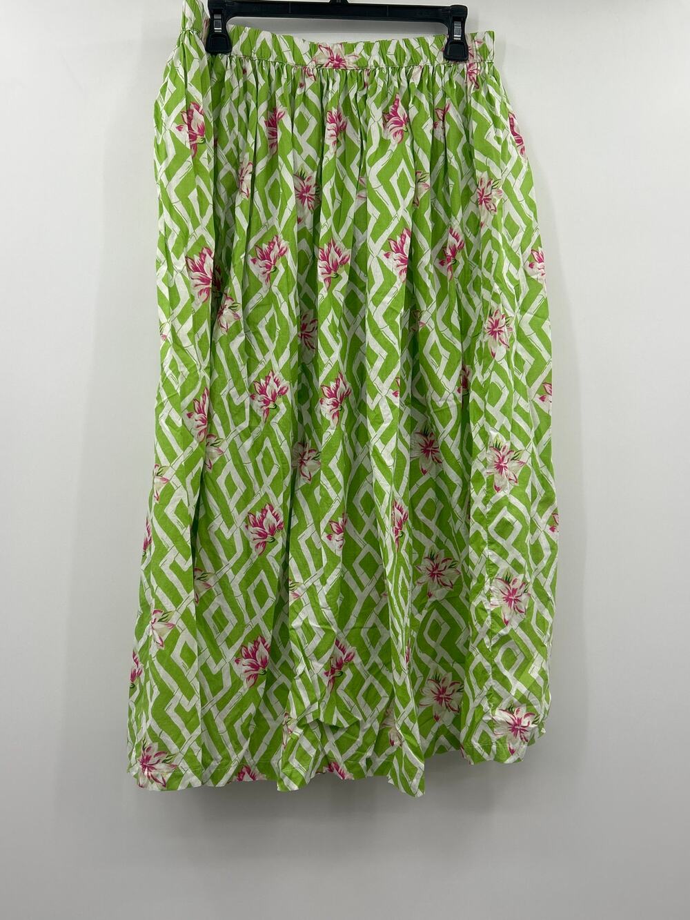 Charter Club Green Floral Midi Skirt M 100% Cotton Elastic Waist Cottagecore